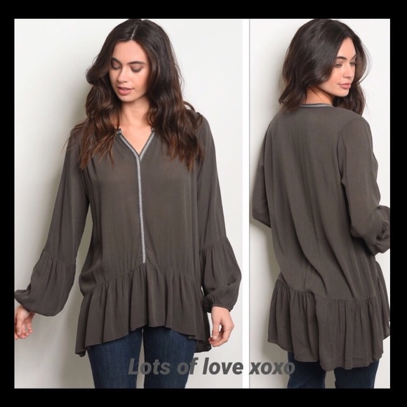 Tops - LAST 1❤️SHARP LONG SLEEVE RUFFLED OLIVE TUNIC TOP
